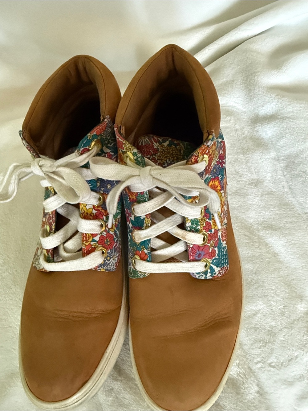 Timberland Tan Leather Sneakers with Multicolor Floral Trim